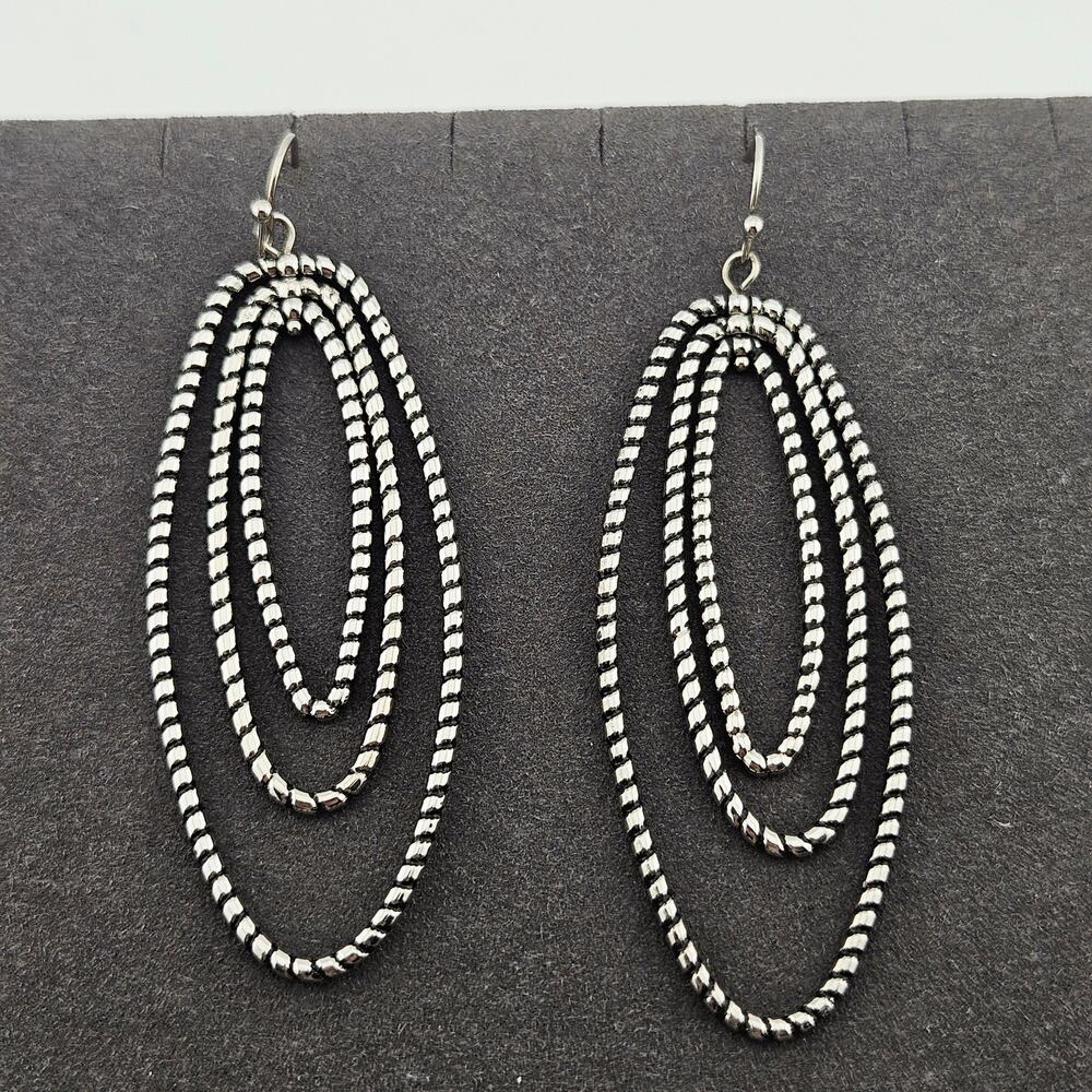 Silver Tone Triple Oval Hoop Dangle Drop Earrings Black Bezel Elevated Basic
